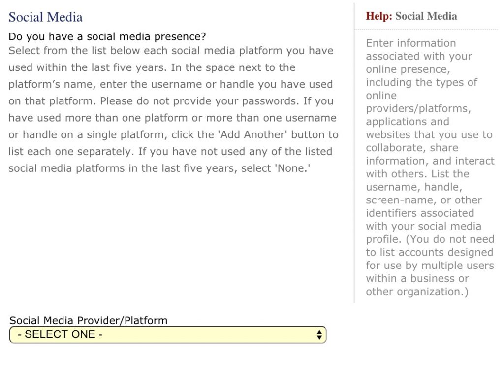 US visa requirements of social media